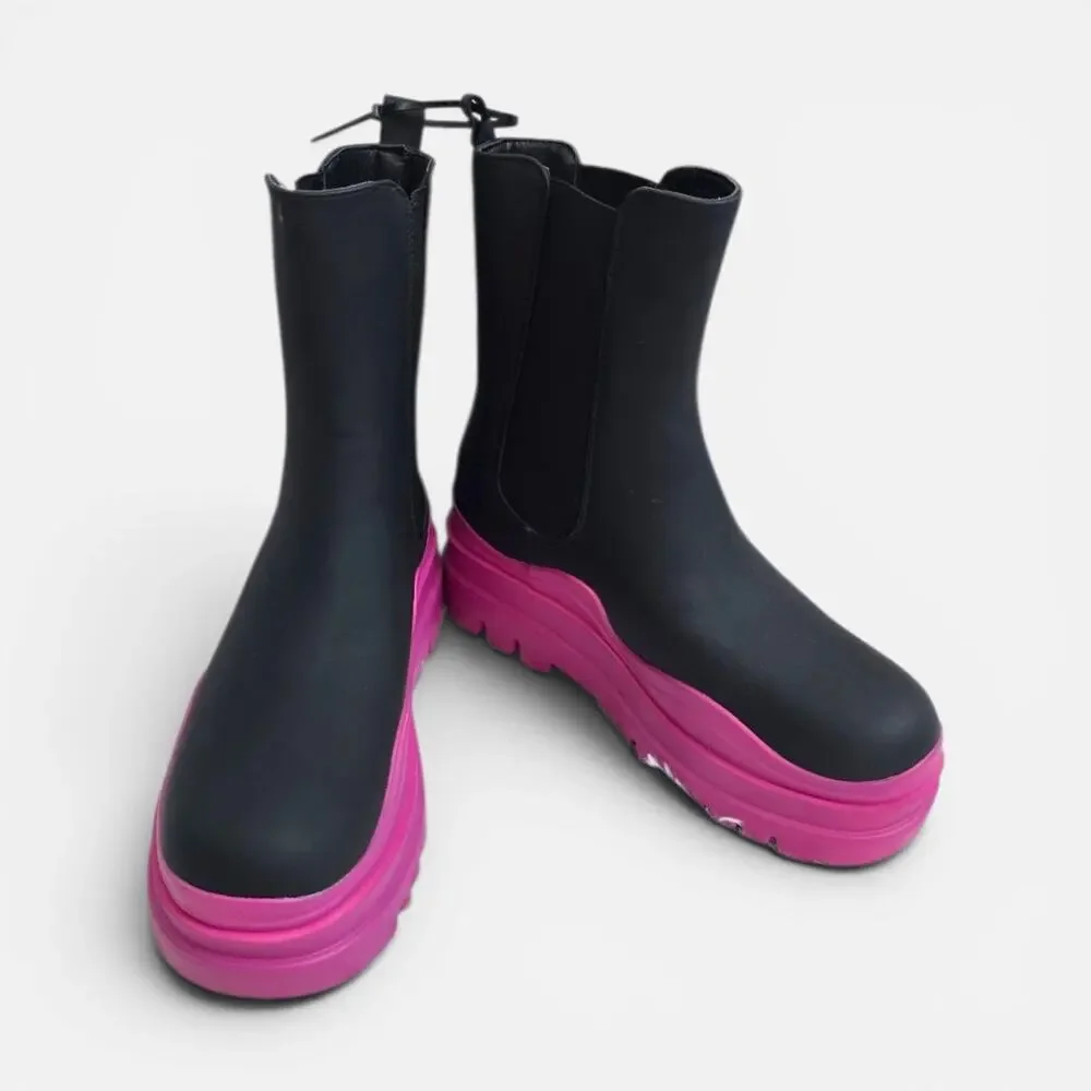 Shoedazzle Women's Black And Pink Weatherproof Platform Polly Boots